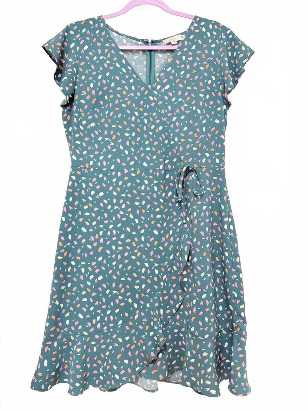LOFT Womens Teal Green Pink Print Ruffle Sleeve Wrap Dress Size 8